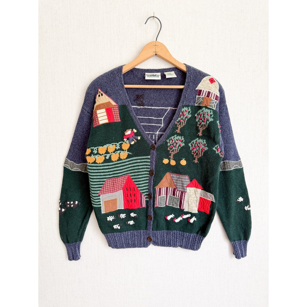 Northern Reflections Cardigan Farm Scene Patchwork 90s Vintage L Blue Green Barn